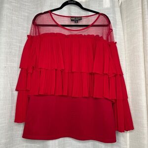 Marc Bouwer Pleated Ruffle Tier Mesh Top Long Sleeve Red Women's Size 1X